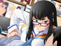 Rule 34 | 1girl, black-framed eyewear, black hair, blue eyes, blurry, blurry background, blush, breast press, breast rest, breasts, bulge, closed mouth, clownculture, computer, cosplay, erection, erection under clothes, glasses, highres, indoors, kill la kill, kiryuuin satsuki, kiryuuin satsuki (cosplay), large breasts, long hair, looking at another, lying, monitor, penis grab, solo focus, sweatdrop, thick eyebrows