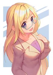 Rule 34 | 1girl, alicia florence, aria (manga), beige jacket, blonde hair, breasts, check copyright, collarbone, commentary request, copyright request, from above, glasses, hand on own chest, large breasts, long hair, long sleeves, looking at viewer, open mouth, pink background, purple shirt, rotix, semi-rimless eyewear, shirt, smile, solo, under-rim eyewear, uniform, upper body, white background