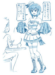 Rule 34 | 1boy, 1girl, alternate costume, armband, bare shoulders, bbb (friskuser), blue theme, boots, bow, cheerleader, clothes writing, coco&#039;s, commentary, cross-laced footwear, dixie cup hat, double horizontal stripe, fork, frilled shirt, frilled skirt, frills, girls und panzer, hat, highres, holding, holding fork, holding knife, holding pom poms, knee boots, knife, lace-up boots, large bow, logo, looking at another, midriff, military hat, mini hat, miniskirt, monochrome, motion lines, navel, nishizumi maho, open mouth, pleated skirt, pom pom (cheerleading), pom poms, shirt, short hair, skirt, standing, strapless, sweatdrop, thighhighs, tilted headwear, translated, tube top, waitress