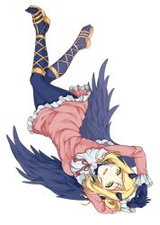 Rule 34 | 1girl, arms up, blonde hair, blue pantyhose, braid, claws, cross-laced footwear, crown braid, demon horns, dress, feathered wings, frilled dress, frilled skirt, frills, full body, green eyes, hair rings, horns, looking at viewer, love live!, love live! school idol festival, love live! sunshine!!, ohara mari, open mouth, pantyhose, pink dress, sandals, skirt, solo, toe socks, transparent background, upside-down, waste-man, wings