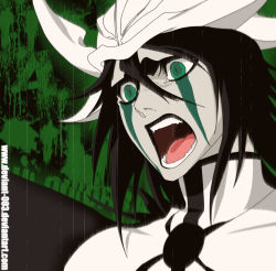Rule 34 | 00s, arrancar, black hair, bleach, colored skin, colorized, facial mark, green eyes, hair between eyes, highres, kubo tite, number tattoo, official art, open mouth, resurreccion, shouting, skull, slit pupils, stiky finkaz, tattoo, ulquiorra cifer, white skin