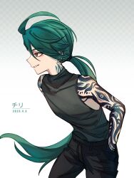 Rule 34 | 1girl, ahoge, arm tattoo, bare arms, black pants, character name, commentary request, cowboy shot, creatures (company), dated, earrings, eyelashes, game freak, green hair, highres, jewelry, long hair, molingxiang chimangguo, nintendo, pants, parted lips, pokemon, pokemon sv, ponytail, rika (pokemon), shirt, sleeveless, sleeveless shirt, smile, solo, tattoo