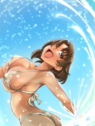 Rule 34 | 1girl, ass, bikini, breasts, brown eyes, brown hair, chiyoda (kancolle), commentary request, cowboy shot, grey bikini, kantai collection, large breasts, medium hair, open mouth, outstretched arms, smile, solo, swimsuit, udukikosuke