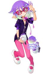 Rule 34 | 1girl, bow, bowtie, closed mouth, commission, full body, glasses, hair ornament, hairclip, highres, holding, inkling, inkling girl, inkling player character, kumo (kumo hsc0216), multicolored hair, nintendo, pantyhose, pink bow, pink bowtie, pink eyes, pink pantyhose, purple hair, red-framed eyewear, short hair, simple background, solo, splatoon (series), studded bracelet, tentacle sex, tentacles, white background, white footwear, zipper, zipper pull tab