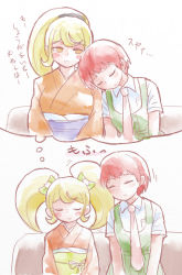 Rule 34 | 2girls, alternate hairstyle, blonde hair, blush, blush stickers, bow, breasts, cat hair ornament, collared shirt, commentary request, danganronpa (series), danganronpa 2: goodbye despair, freckles, green bow, hair ornament, height difference, japanese clothes, kimono, koizumi mahiru, large breasts, leaning on person, long hair, multiple girls, namu (nurui cha), necktie, obi, orange kimono, red hair, saionji hiyoko, sash, shirt, short hair, short sleeves, simple background, sleeping, smile, teeth, thought bubble, translation request, twintails