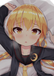 Rule 34 | 1girl, arm up, binsen, black jacket, black sailor collar, blonde hair, blush, brown eyes, crescent, crescent pin, fingernails, hair between eyes, heavy breathing, jacket, kantai collection, long hair, looking at viewer, low twintails, lying, necktie, on back, on bed, open clothes, open jacket, parted lips, sailor collar, satsuki (kancolle), school uniform, serafuku, shirt, solo focus, sweat, twintails, very long hair, white shirt, yellow neckwear