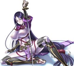Rule 34 | 1girl, absurdly long hair, arm guards, armor, black gloves, bodysuit, breasts, cameltoe, closed mouth, commentary request, covered erect nipples, covered navel, fate/grand order, fate (series), female pubic hair, fingerless gloves, fingernails, gloves, hair between eyes, hair ornament, half-closed eyes, highres, holding, holding sword, holding weapon, impossible bodysuit, impossible clothes, japanese clothes, katana, komori kei, large breasts, long fingernails, long hair, long sleeves, long toenails, looking at viewer, low-tied long hair, minamoto no raikou (fate), nail polish, pelvic curtain, pink lips, pink nails, pubic hair, purple bodysuit, purple eyes, purple hair, rope, see-through, shiny clothes, simple background, sitting, skin tight, solo, sword, toenails, turtleneck, very long hair, weapon, white background