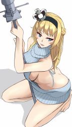 Rule 34 | 10s, 1girl, bad id, bad pixiv id, blonde hair, blue eyes, braid, breasts, crown, den (kur0 yuki), french braid, from above, full body, hairband, highres, huge breasts, kantai collection, kneeling, long hair, meme attire, mini crown, naked sweater, open mouth, sideboob, solo, sweater, virgin killer sweater, warspite (kancolle), white background
