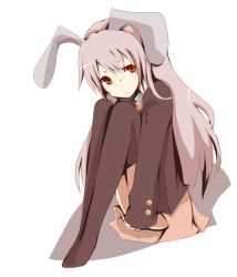 Rule 34 | 1girl, animal ears, bad id, bad pixiv id, black thighhighs, blazer, female focus, full body, jacket, long hair, mono (recall), purple hair, rabbit ears, red eyes, reisen udongein inaba, simple background, sitting, solo, thighhighs, touhou, white background