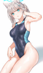 Rule 34 | 1girl, animal ears, arm up, armpits, bare arms, bare shoulders, black one-piece swimsuit, blue archive, blue eyes, breasts, collarbone, competition swimsuit, covered navel, earrings, extra ears, fangxiang cuoluan, hair ornament, hairclip, halo, highleg, highleg swimsuit, highres, jewelry, long hair, looking at viewer, medium breasts, mismatched pupils, one-piece swimsuit, parted lips, ponytail, shiroko (blue archive), shiroko (swimsuit) (blue archive), sidelocks, simple background, solo, stud earrings, swimsuit, thighs, wet, white background, white hair