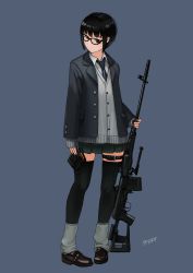Rule 34 | 1girl, absurdres, black hair, dragunov svd, full body, glasses, gun, highres, holding, holding weapon, jacket, karamas, loafers, original, pigeon-toed, rifle, shoes, simple background, sniper rifle, solo, thigh strap, thighhighs, weapon