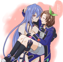 Rule 34 | 2girls, bad id, bad pixiv id, bare shoulders, blue hair, blush, bow, breasts, brown hair, carrying, female focus, flauschtraut, hair ornament, hand on another&#039;s chest, hand on another&#039;s head, if (neptunia), iris heart, kami jigen game neptune v, kneehighs, long hair, looking at another, multiple girls, neptune (series), open mouth, princess carry, purple hair, pururut, red eyes, smile, socks, symbol-shaped pupils, very long hair, yuri