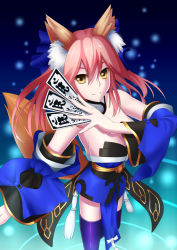 Rule 34 | 10s, 1girl, animal ears, answering, blue thighhighs, bow, breasts, cleavage, detached sleeves, fate/extra, fate/grand order, fate (series), fox ears, fox tail, hair bow, hair ribbon, japanese clothes, large breasts, looking at viewer, pink hair, ribbon, solo, tail, tamamo no mae (fate/extra), thighhighs, yellow eyes