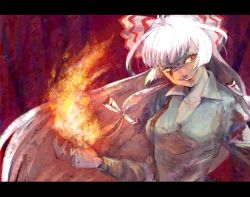 Rule 34 | 1girl, bad id, bad pixiv id, blood, evil grin, evil smile, faux traditional media, female focus, fire, fujiwara no mokou, grin, injury, lips, long sleeves, red eyes, smile, smirk, solo, taira mesuji, torn clothes, touhou