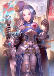 Rule 34 | 1girl, armor, blue cape, cape, fantasy, flag, gauntlets, hat, ogino (oginogino), original, outdoors, pink eyes, purple hair, smile, solo, standing, sword, weapon