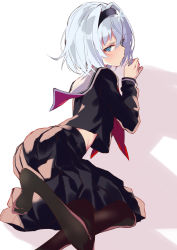 Rule 34 | 1girl, ass, belly, blue eyes, blush, feet, hair ornament, hairband, highres, itsui (dihydrogenmonoxid), legs, looking at viewer, pout, ryuuou no oshigoto!, sailor uniform, shadow, short hair, silver hair, simple background, sitting, snowflake hair ornament, solo, sora ginko