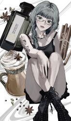 Rule 34 | 1girl, arm tattoo, bare shoulders, black footwear, black shirt, black skirt, blunt bangs, boots, bottle, braid, cinnamon stick, cross-laced footwear, crossed legs, cup, feet out of frame, glass teacup, glasses, grey eyes, grey hair, hair over shoulder, head tilt, highres, jewelry, kirochy, l&#039;artisan parfumeur, lace-up boots, long hair, looking at viewer, miniskirt, necklace, original, parted lips, perfume bottle, semi-rimless eyewear, shirt, shoelaces, sitting, skirt, sleeveless, sleeveless shirt, snake tattoo, solo, spaghetti strap, star anise (spice), strap slip, tattoo, tea, teacup, twin braids, under-rim eyewear