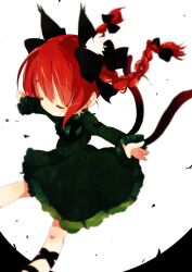 Rule 34 | 1girl, animal ear fluff, animal ears, black bow, bow, braid, cat ears, cat tail, closed eyes, dress, eyelashes, hair between eyes, hisaboden, kaenbyou rin, long hair, multiple tails, outstretched arms, red hair, simple background, smile, solo, spread arms, tail, touhou, two tails