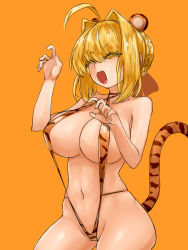 Rule 34 | 1girl, ahoge, animal ears, animal print, blonde hair, braid, breasts, brown ribbon, closed eyes, eyes visible through hair, fate/extra, fate/grand order, fate (series), hair intakes, highres, large breasts, navel, nero claudius (fate), nero claudius (fate) (all), nero claudius (fate/extra), open mouth, orange background, ribbon, shiny skin, slingshot swimsuit, steamingtofu, swimsuit, tail, tiger ears, tiger print, tiger tail