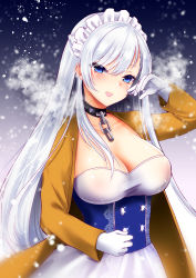 Rule 34 | 1girl, absurdres, azur lane, belfast (azur lane), blue eyes, blush, braid, breasts, breath, chain, cleavage, collar, commentary request, gloves, highres, large breasts, long hair, long sleeves, looking at viewer, maid headdress, silver hair, smile, solo, upper body, white gloves, winter clothes, yuzuri ai (ichigo crown)