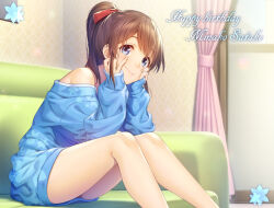 Rule 34 | 1girl, blue eyes, blue sweater, bottomless, bow, brown hair, couch, hair bow, hands on own face, happy birthday, idolmaster, idolmaster million live!, legs, long hair, long sleeves, looking at viewer, nanaran, no pants, off shoulder, oversized clothes, ponytail, red bow, satake minako, sitting, solo, sweater