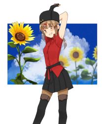 Rule 34 | 1girl, annin musou, arms up, bad id, bad twitter id, blouse, blurry, blurry background, cloud, day, fingerless gloves, flower, fur hat, gloves, grin, hair ornament, hairclip, hat, highres, kantai collection, no scarf, pantyhose, papakha, red shirt, shirt, sky, smile, solo, star (symbol), sunflower, tashkent (kancolle)