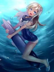 Rule 34 | 10s, 1girl, blonde hair, blue eyes, covered navel, crop top, flower, hair flower, hair ornament, highres, kantai collection, long hair, looking at viewer, one-piece tan, open mouth, riding, ro-500 (kancolle), sailor collar, sandals, school swimsuit, solo, swimsuit, swimsuit under clothes, tan, tanline, torpedo, underwater, yusei yui