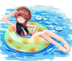 Rule 34 | 1girl, barefoot, black suit, blue eyes, braid, breasts, brown hair, casual one-piece swimsuit, clothing cutout, crown braid, fate/grand order, fate (series), floral print, formal, green innertube, hand up, highres, one-piece swimsuit, partially submerged, shaded face, shimogamo (shimomo 12), side braid, small breasts, solo, suit, sunflower print, swimsuit, van gogh (fate), van gogh (sink deeper) (fate), water, wet