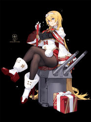 Rule 34 | 1girl, ass, black pantyhose, blonde hair, blue eyes, boots, box, breasts, crossed legs, gift, gift box, gloves, hairband, high heels, kishiyo, long hair, looking at viewer, pantyhose, sheath, sheathed, sitting, solo, turret, warship girls r, white gloves