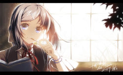 Rule 34 | 1girl, backlighting, blue eyes, book, bracelet, eating, gloves, hair ornament, hairclip, heiwari kanade, highres, holding, jewelry, letterboxed, long hair, looking at viewer, original, ponytail, school uniform, signature, silver hair, sketch, smile, solo, white gloves, wind