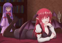 Rule 34 | ;o, absurdres, anger vein, armband, bat wings, black legwear, black skirt, black vest, blue bow, blunt ends, book, bookshelf, bow, candle, candlestand, capelet, collarbone, commentary request, dress, dress shirt, fang, hair between eyes, hair ribbon, head wings, highres, hime cut, juliet sleeves, koakuma, long hair, long sleeves, looking at another, looking at viewer, lying, no headwear, no mouth, no nose, no shoes, on bed, on stomach, one eye closed, open mouth, pantyhose, patchouli knowledge, piaoluo de ying huaban, puffy sleeves, purple capelet, purple dress, purple eyes, purple hair, red bow, red eyes, red hair, red sheet, ribbon, shaded face, shirt, sidelocks, skirt, skirt set, sleeves past wrists, striped clothes, striped dress, touhou, tress ribbon, v-shaped eyebrows, vertical-striped clothes, vertical-striped dress, very long hair, vest, wallpaper (object), white shirt, wide sleeves, wings