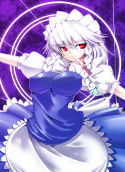 Rule 34 | 1girl, braid, breasts, covered erect nipples, female focus, impossible clothes, izayoi sakuya, knife, large breasts, maid, maid headdress, mouth hold, red eyes, short hair, shoushinmono, silver hair, solo, tanaka ginji, throwing knife, touhou, twin braids, weapon