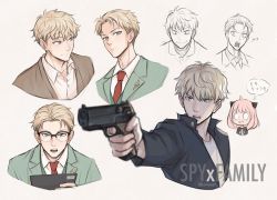 Rule 34 | !?, 1boy, 1girl, ahoge, anya (spy x family), black jacket, blonde hair, blue eyes, clipboard, collared shirt, commentary, copyright name, gun, hair ornament, handgun, highres, holding, holding clipboard, holding gun, holding weapon, jacket, medium hair, multiple views, necktie, open mouth, pink hair, red necktie, revolver, semi-rimless eyewear, shirt, sketch, smile, soniaaart, spy x family, suit jacket, surprised, thought bubble, translation request, trembling, twilight (spy x family), twitter username, vest, weapon, white shirt, wing collar