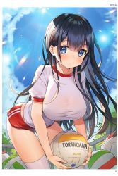 Rule 34 | 1girl, absurdres, artist name, ayamy, ball, bent over, black hair, blue eyes, blue sky, blush, breasts, buruma, cloud, cloudy sky, day, gym uniform, hair ornament, highres, holding, large breasts, lens flare, long hair, looking at viewer, miyawaki sana, outdoors, page number, parted lips, scan, shiny skin, short sleeves, sky, solo, sunlight, thighhighs, toranoana, volleyball, volleyball (object), white thighhighs, x hair ornament