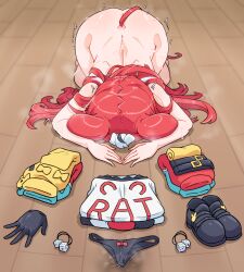 Rule 34 | 1girl, animal ears, back, dice, dogeza, face down, full body, gloves, hair ornament, hakos baelz, highres, hololive, hololive english, long hair, moral cacoethes, mouse ears, mouse girl, mouse tail, multicolored hair, naked dogeza, on floor, panties, pussy juice stain, red hair, shoes, solo, streaked hair, sweat, tail, top-down bottom-up, trembling, underwear, unworn clothes, unworn gloves, unworn hair ornament, unworn panties, unworn shirt, unworn shoes, virtual youtuber