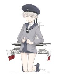 Rule 34 | 10s, 1girl, artist name, black socks, clothes writing, dated, dress, eyebrows, female focus, full body, grey eyes, hat, kantai collection, kawashina (momen silicon), kneeling, no shoes, sailor collar, sailor dress, sailor hat, short hair, signature, silver hair, simple background, socks, solo, unbuttoning, white background, z1 leberecht maass (kancolle)