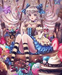 Rule 34 | 1girl, ahoge, bad id, bad pixiv id, black cat, bow, braid, braided hair rings, brown eyes, cake, candy, cat, choker, cookie, corset, cupcake, dangmill, detached sleeves, earrings, flat chest, food, food on face, frilled skirt, frills, fruit, hair bow, hair rings, heart, high heels, jewelry, kneehighs, oversized food, oversized object, pigeon-toed, puffy short sleeves, puffy sleeves, red footwear, shoes, short hair, short sleeves, silver hair, sitting, skirt, socks, solo, strawberry, striped clothes, striped socks, twin braids