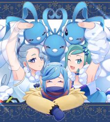 Rule 34 | 1boy, 2girls, ;d, altaria, arm up, arm warmers, armpits, blue hair, blue mittens, blue scarf, closed eyes, closed mouth, commentary request, creatures (company), detached sleeves, eyelashes, flying miku (project voltage), game freak, gen 3 pokemon, green eyes, green hair, grusha (pokemon), hatsune miku, highres, jacket, lisia (pokemon), mittens, mocacoffee 1001, multiple girls, nintendo, one eye closed, open mouth, pokemon, pokemon (creature), pokemon oras, pokemon sv, project voltage, scarf, see-through, see-through sleeves, smile, striped clothes, striped scarf, tongue, vocaloid, yellow jacket