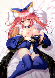 Rule 34 | 10s, 1girl, absurdres, animal ear fluff, animal ears, bare shoulders, blue bow, blue thighhighs, blush, bow, breasts, breasts out, collarbone, detached collar, detached sleeves, fate/extra, fate/grand order, fate (series), fox ears, fox tail, hair bow, hair ribbon, highres, japanese clothes, large breasts, long hair, looking at viewer, lying, nipples, no shoes, on back, panties, pikazo, pink hair, ribbon, solo, striped clothes, striped panties, tail, tamamo (fate), tamamo no mae (fate/extra), thighhighs, twintails, underwear, yellow eyes