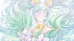Rule 34 | 1girl, absurdres, bare shoulders, blush, bow, breasts, detached sleeves, gem, glasses, gloves, green bow, green eyes, green hair, grin, hair ornament, highres, large breasts, league of legends, lolboja, long hair, round eyewear, smile, sona (league of legends), star guardian sona, swept bangs, teeth, twintails, white gloves