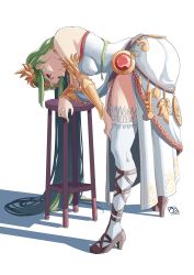 Rule 34 | 1girl, ancient greek clothes, ass, autogiraffe, automatic giraffe, bent over, chiton, dress, green hair, highres, kid icarus, kid icarus uprising, nintendo, palutena, red eyes, stool