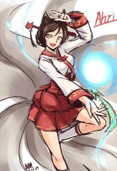 Rule 34 | 1girl, :3, :d, ahri (league of legends), animal ears, arm up, black hair, brown hair, cat hair ornament, character name, dated, dress, dynasty ahri, facial mark, fox ears, fox tail, from side, glowing, hair bun, hair ornament, hair stick, hanbok, happy, kneehighs, korean clothes, league of legends, leg up, long sleeves, looking at viewer, magic, multiple tails, nam (valckiry), official alternate costume, open mouth, short hair, signature, simple background, single hair bun, sketch, slit pupils, smile, socks, solo, tail, whisker markings, white background, white socks, yellow eyes