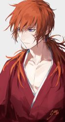 Rule 34 | 1boy, closed mouth, collarbone, cross scar, facial scar, hair between eyes, highres, himura kenshin, japanese clothes, kimono, long hair, looking away, low ponytail, male focus, orange hair, ponytail, purple eyes, red kimono, rurouni kenshin, scar, scar on cheek, scar on face, simple background, solo, srro yo, upper body, white background
