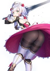 Rule 34 | 1girl, armor, armored boots, armored dress, ass, ass focus, black pantyhose, blush, boobplate, boots, braid, breastplate, breasts, claymore (sword), clothes lift, combat maid, dress, dress lift, from behind, gauntlets, genshin impact, greatsword, green eyes, headdress, highres, huge ass, huge weapon, looking at viewer, maid, maid headdress, medium breasts, noelle (genshin impact), nomisaki, open mouth, pantyhose, short hair, sideboob, silver hair, simple background, skirt, solo, sword, thighband pantyhose, weapon, white background