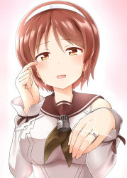 Rule 34 | 10s, 1girl, bare shoulders, black neckerchief, breasts, brown eyes, brown hair, crying, crying with eyes open, detached sleeves, gradient background, hairband, happy, highres, japanese clothes, jewelry, kamelie, kantai collection, looking at viewer, medium breasts, miko, natori (kancolle), neckerchief, open mouth, ribbon, ring, school uniform, serafuku, short hair, smile, solo, tears, upper body, wedding band, wedding ring