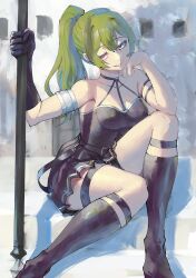 Rule 34 | 1girl, arm strap, armlet, arqa, black choker, black footwear, black skirt, boots, choker, commentary, eyelashes, green hair, grin, half-closed eyes, hand on own cheek, hand on own face, hand up, head rest, highres, holding, holding polearm, holding weapon, jitome, long hair, looking at viewer, pleated skirt, polearm, purple eyes, sitting, skirt, smile, solo, sousou no frieren, spear, stairs, suspenders hanging, thighs, ubel (sousou no frieren), weapon