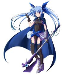 Rule 34 | 1girl, armored boots, belt bra, black leotard, black thighhighs, blue bow, blue cape, blue hair, boots, bow, breasts, cape, closed mouth, covered navel, floating hair, full body, hair bow, halberd, highres, holding, holding weapon, leotard, long hair, lyrical nanoha, mahou shoujo lyrical nanoha, mahou shoujo lyrical nanoha a&#039;s, mahou shoujo lyrical nanoha a&#039;s portable: the battle of aces, levi the slasher, oshimaru026, polearm, red eyes, showgirl skirt, simple background, small breasts, smile, solo, standing, thighhighs, twintails, very long hair, vulnificus, weapon, white background