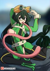 Rule 34 | 1girl, arms up, artist name, asui tsuyu, black eyes, blurry, blurry background, blush, bodysuit, boku no hero academia, boots, breasts, breasts out, collarbone, commentary, frog girl, gloves, goggles, goggles on head, green bodysuit, green eyes, green hair, hair between eyes, hair rings, highres, kinkymation, large breasts, long hair, long tongue, looking at viewer, low-tied long hair, nipples, open mouth, sitting, solo, stone, thigh boots, thighhighs, tongue, tongue out, torn clothes, very long hair, watermark, web address, white gloves
