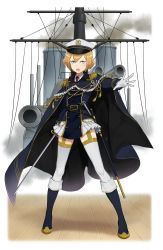 Rule 34 | &gt;:o, 1girl, :o, anchor, belt, black footwear, blue eyes, boots, cannon, epaulettes, full body, garter straps, gloves, hair between eyes, hat, highres, holding, holding sword, holding weapon, knee boots, looking at viewer, mast, official art, outstretched hand, princess principal, princess principal game of mission, short hair, skirt, smokestack, solo, standing, sword, transparent background, uniform, v-shaped eyebrows, weapon, white gloves, white hat, white legwear, white skirt, zelda (princess principal)