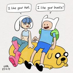 Rule 34 | 00s, 1boy, 1girl, adventure time, animal ears, artist name, backpack, bag, blue eyes, blue hair, boots, chroniko, crop top, crossover, dated, dog, english text, fake animal ears, finn the human, flat color, hat, jake, jake (adventure time), jake the dog, kaiba, lhk, midriff, navel, non-web source, official style, open mouth, pink footwear, pointing, signature, simple background, sitting, smile, trait connection